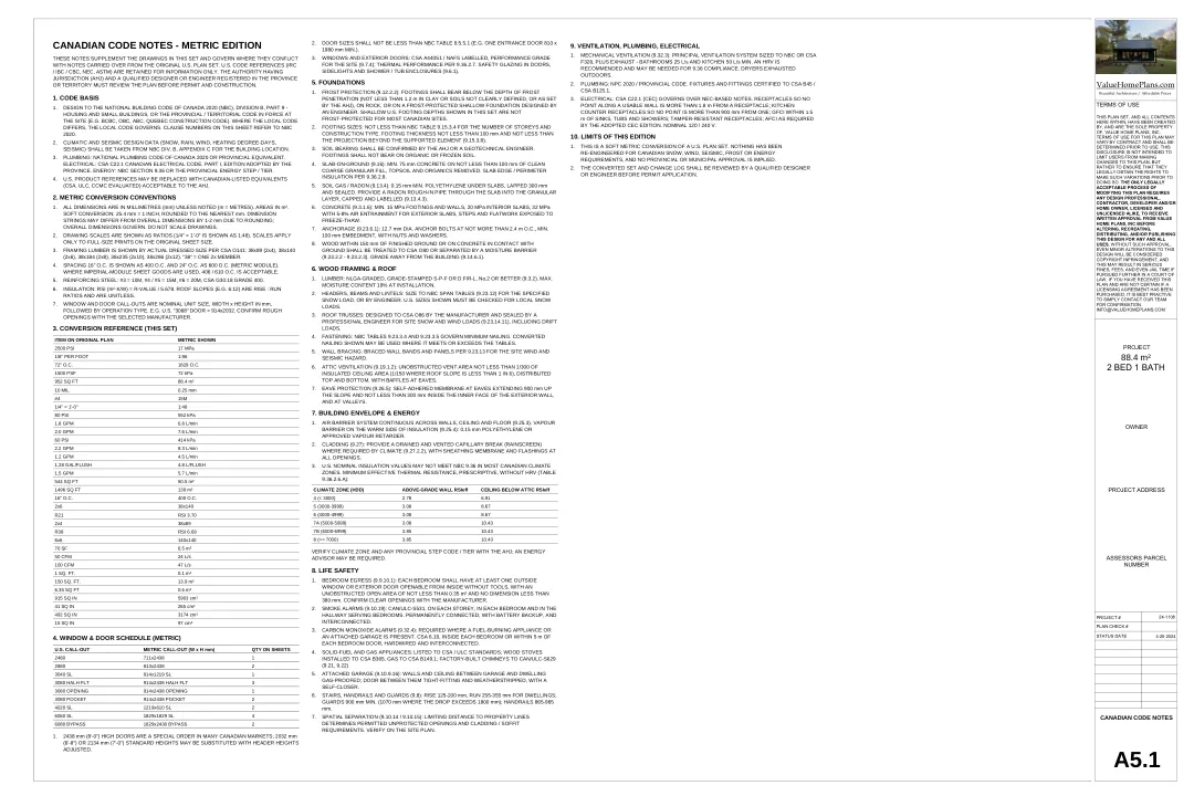 Example Canadian code notes sheet in the plan's own title block
